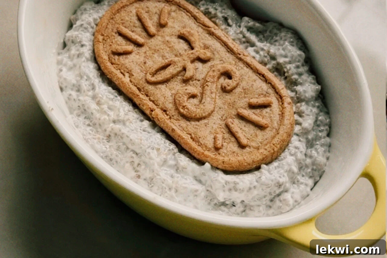 Gluten-Free Protein Tiramisu Recipe: High-Protein Dessert Without Gluten 6 A ramekin filled with chia seed mixture with a breakfast biscuit on top.